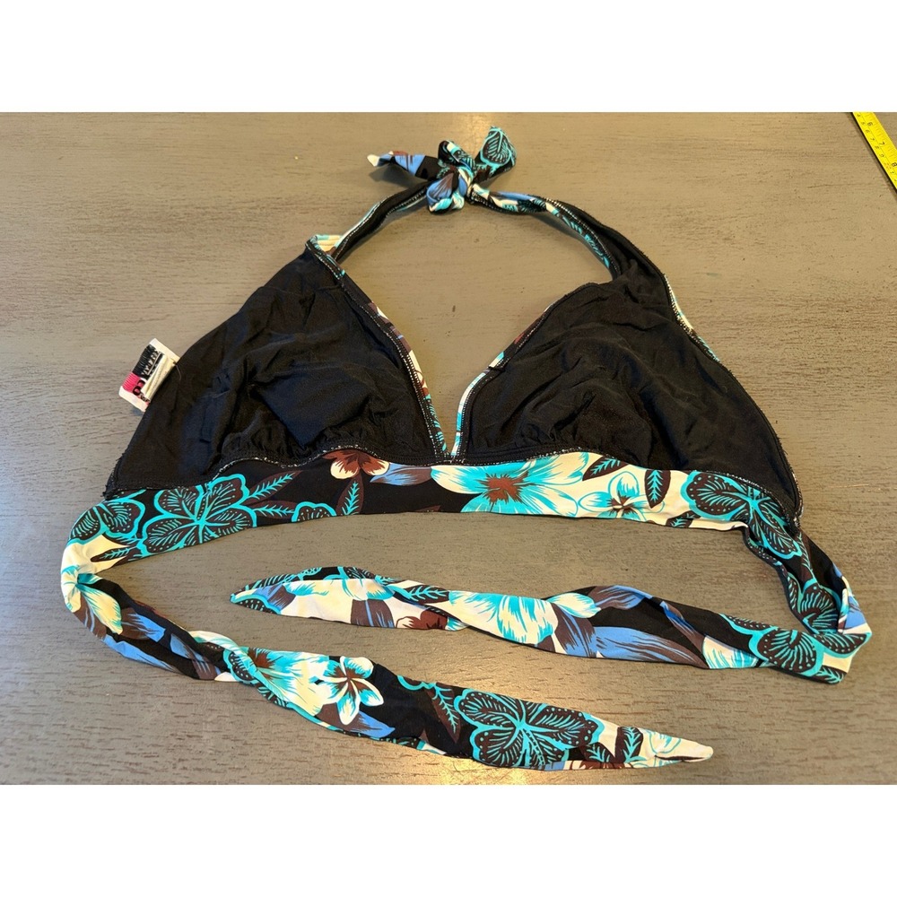 Coco Reef Tropical Floral Halter Bikini Top Blue Black Bra Sized 36/38DD - Picture 2 of 4